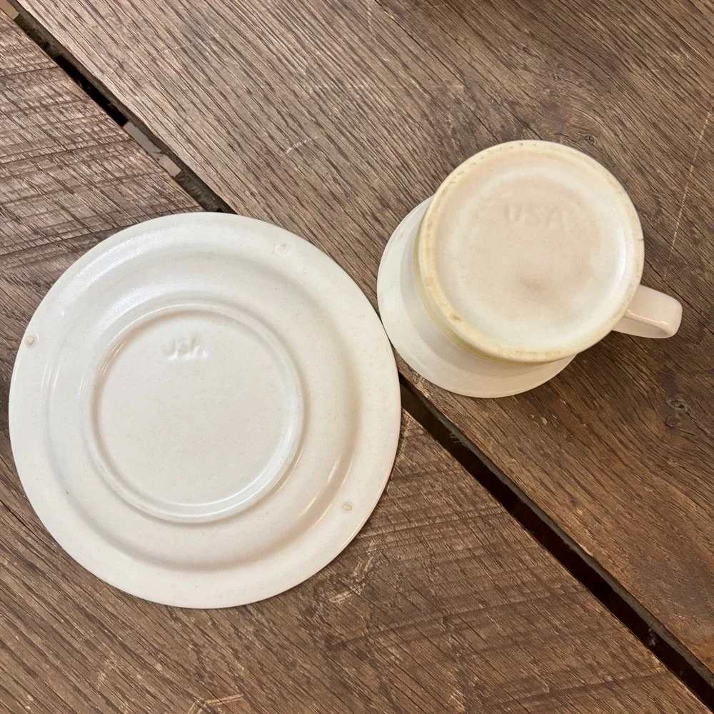 Vintage USA Cream Yellow‎ Banded Coffee Cup & Saucer Set MCM